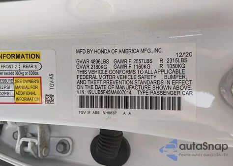 2021 Acura Tlx Technology Package из США, поврежденный, VIN 19UUB5F45MA007014